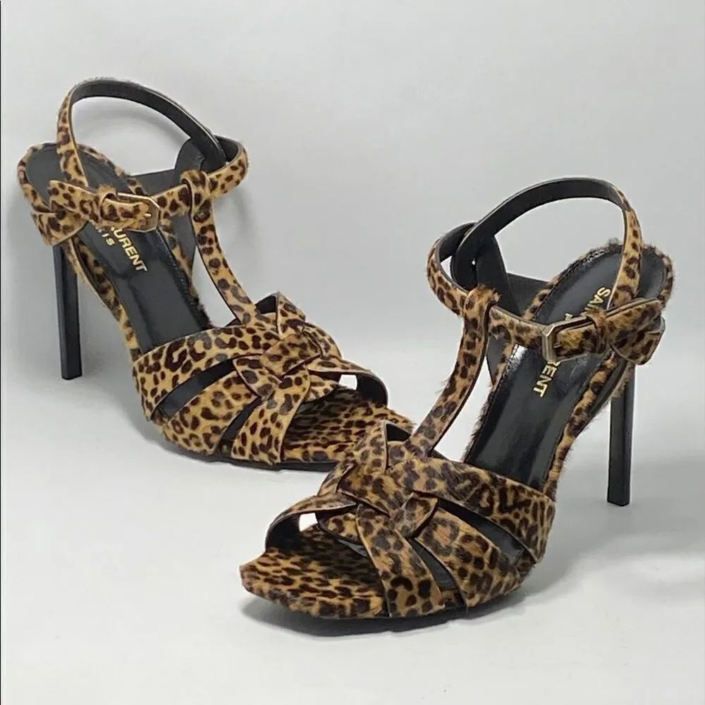 Saint Laurent Tribute 105MM Leopard-Print Calf Hair Sandals